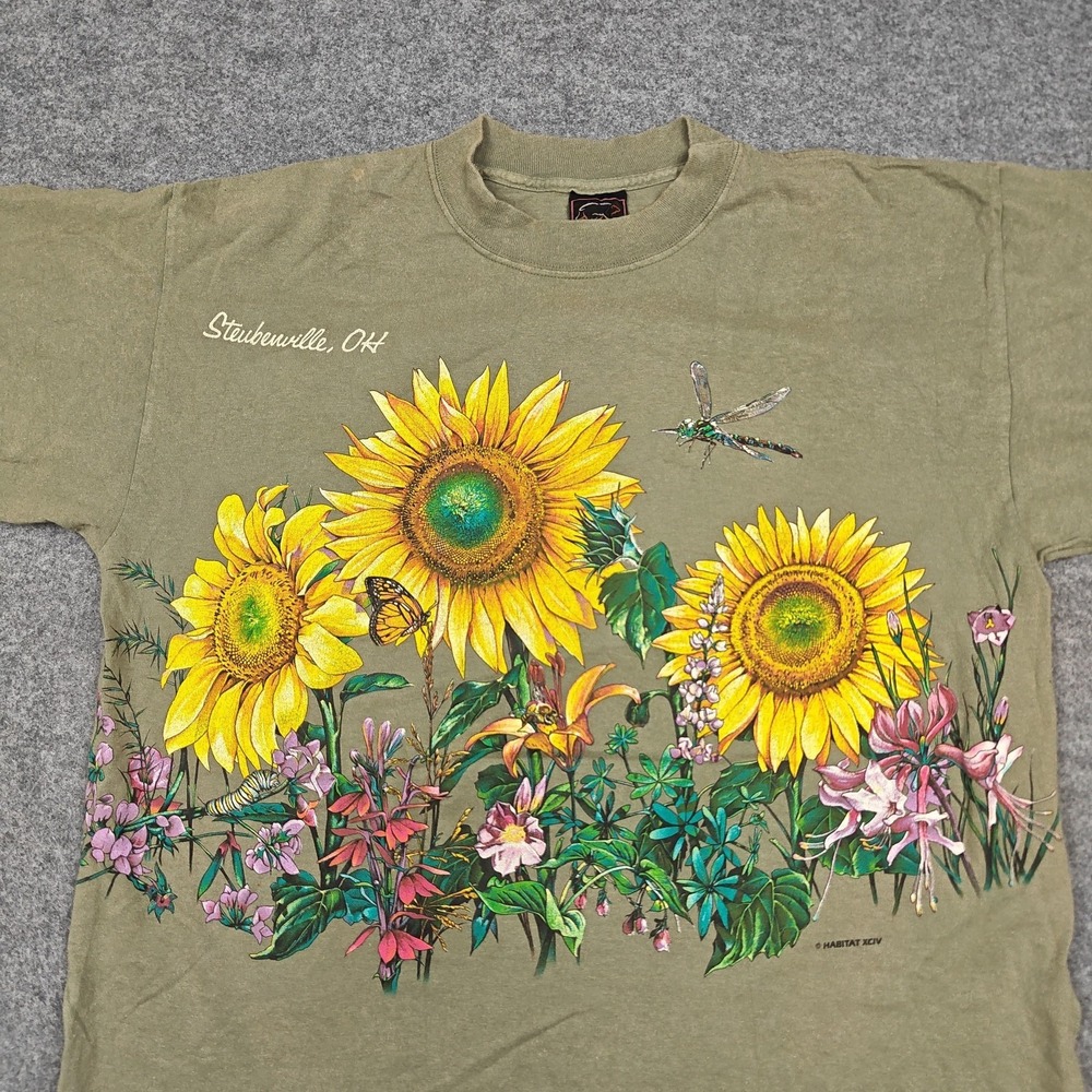 Vintage Habitat Shirt Mens Large Green Sunflower Floral Nature Graphic Tee 90s - Picture 2 of 9